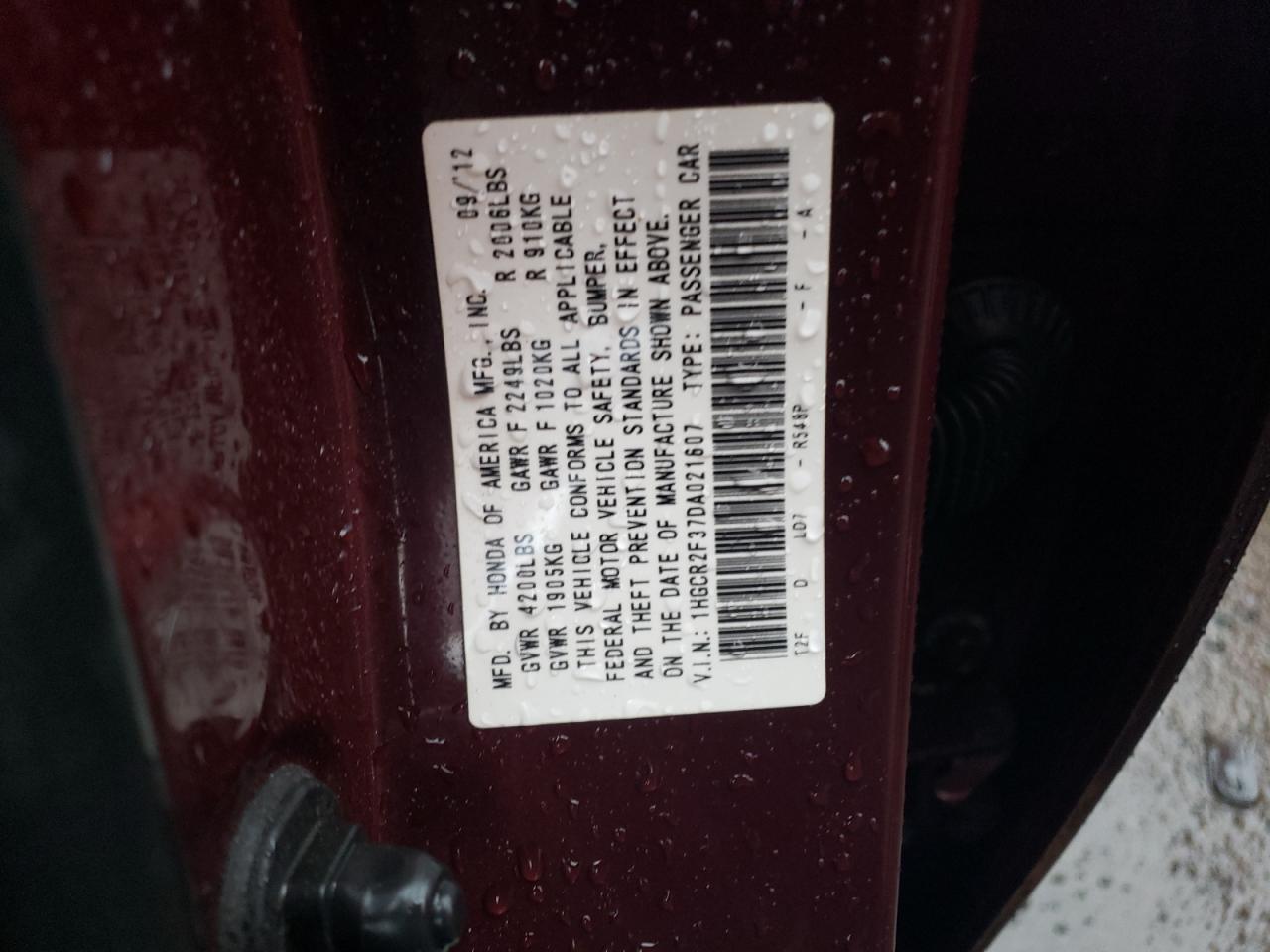 2013 Honda Accord VIN 1HGCR2F37DA021607 Copart auction photo, front end damage thumbnail 13