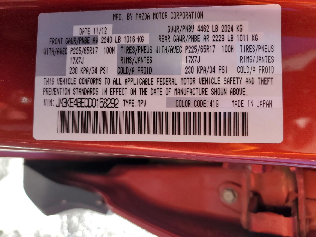 2013 Mazda CX-5 VIN JM3KE4BE0D0168292 Copart auction photo, rear end damage thumbnail 14