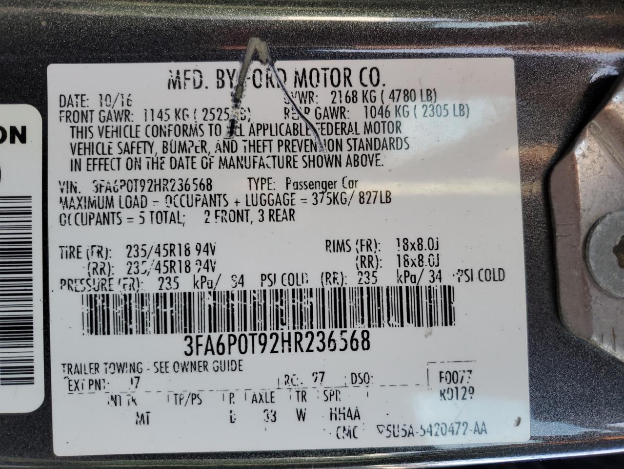 2017 Ford Fusion VIN 3FA6P0T92HR236568 Copart auction photo, minor dent/scratches damage thumbnail 12