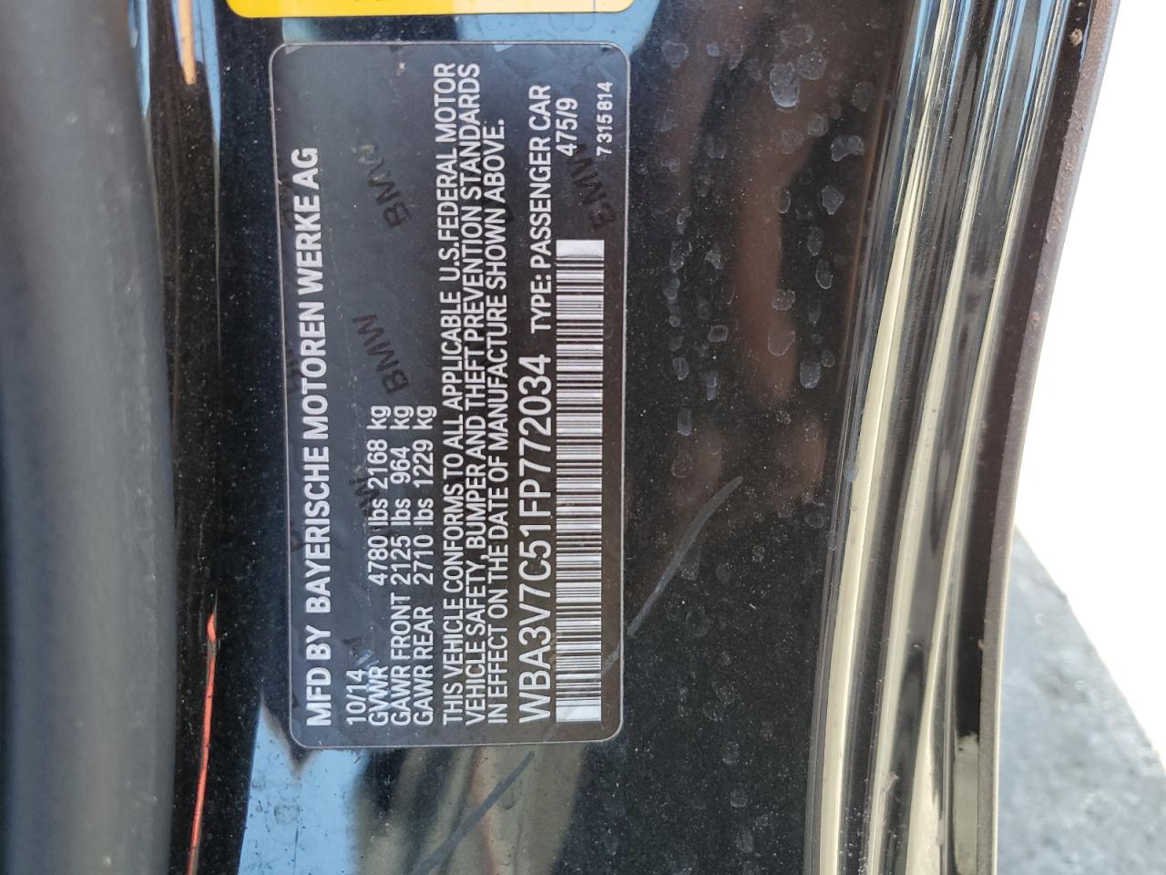 2015 BMW 4er VIN WBA3V7C51FP772034 Copart auction photo, front end / rear end damage thumbnail 14