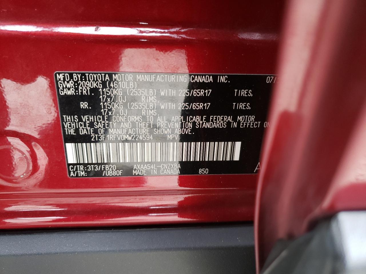 2021 Toyota RAV 4 VIN 2T3F1RFV0MW224594 Copart auction photo, front end / side damage thumbnail 13
