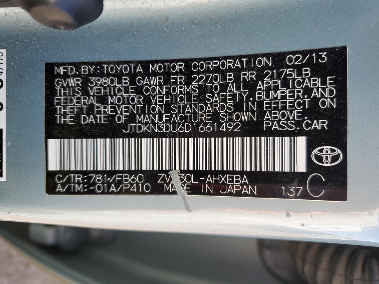2013 Toyota Prius VIN JTDKN3DU6D1661492 Copart auction photo, front end / rear end damage thumbnail 13