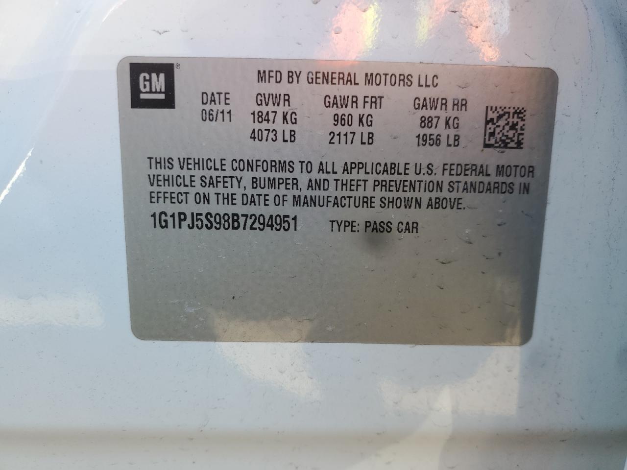 2011 Chevrolet Cruze VIN 1G1PJ5S98B7294951 Copart auction photo, rear end / minor dent/scratches damage thumbnail 12