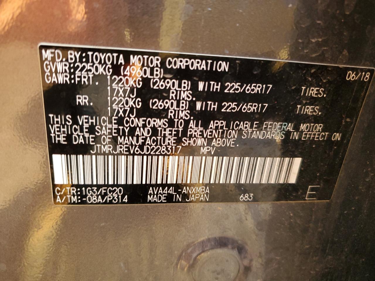 2018 Toyota RAV 4 VIN JTMRJREV6JD228317 Copart auction photo, front end damage thumbnail 14
