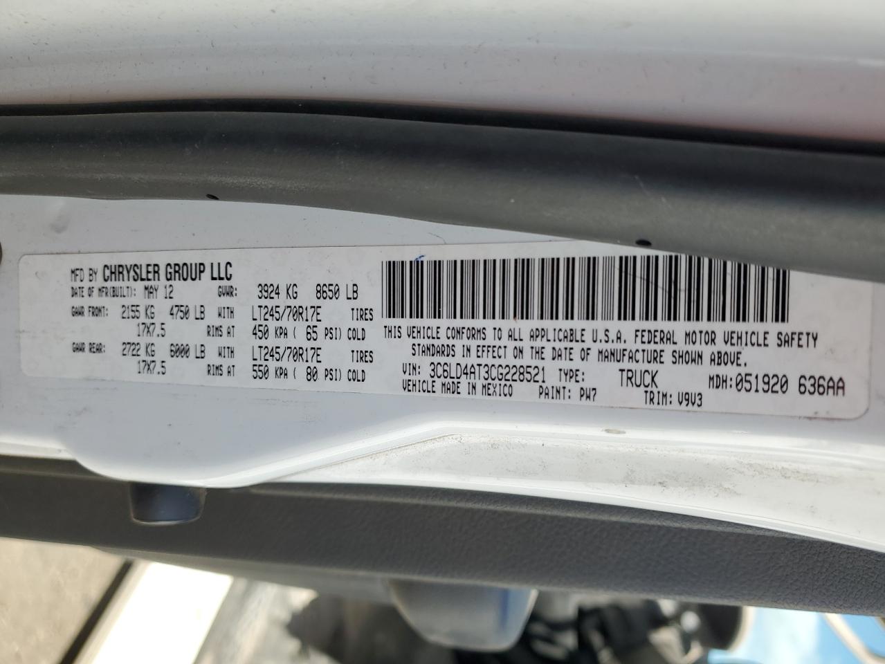 2012 Dodge RAM VIN 3C6LD4AT3CG228521 Copart auction photo, front end damage thumbnail 12