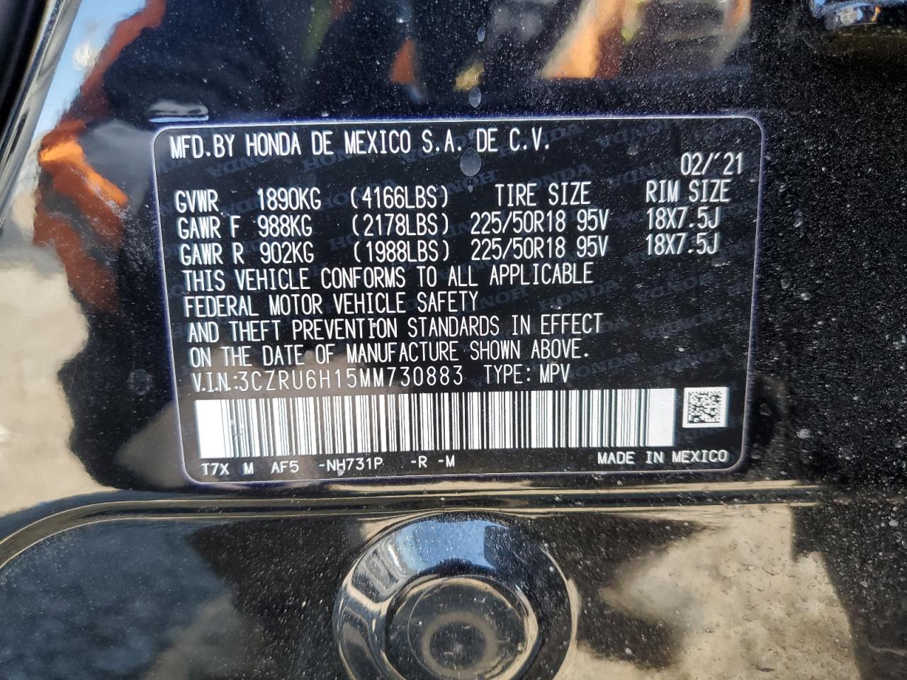 2021 Honda HR-V VIN 3CZRU6H15MM730883 Copart auction photo, minor dent/scratches damage thumbnail 13