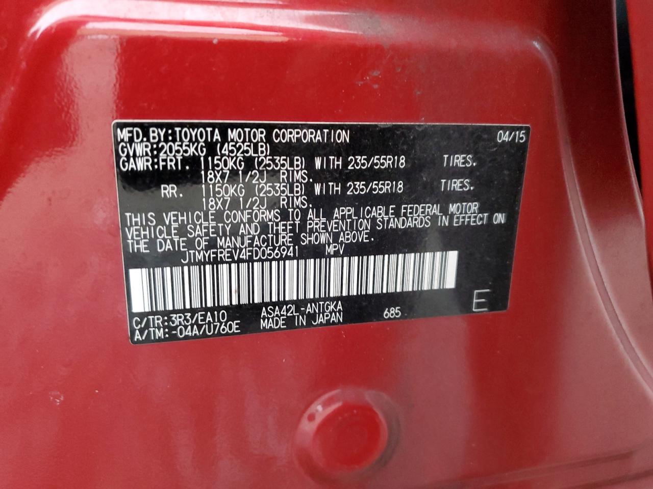 2015 Toyota RAV 4 VIN JTMYFREV4FD056941 Copart auction photo, front end damage thumbnail 13