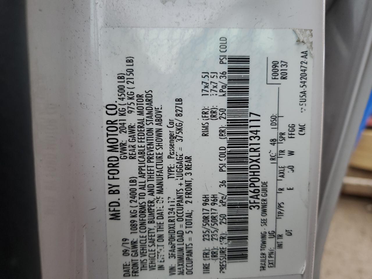 2020 Ford Fusion VIN 3FA6P0HDXLR134117 Copart auction photo, normal wear / minor dent/scratches damage thumbnail 12