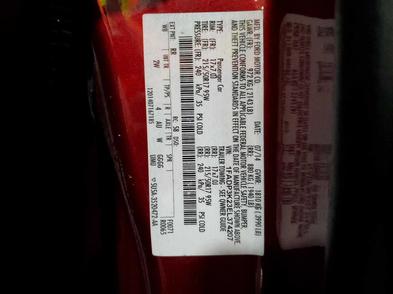 2014 Ford Focus VIN 1FADP3K23EL374207 Copart auction photo, front end damage thumbnail 14