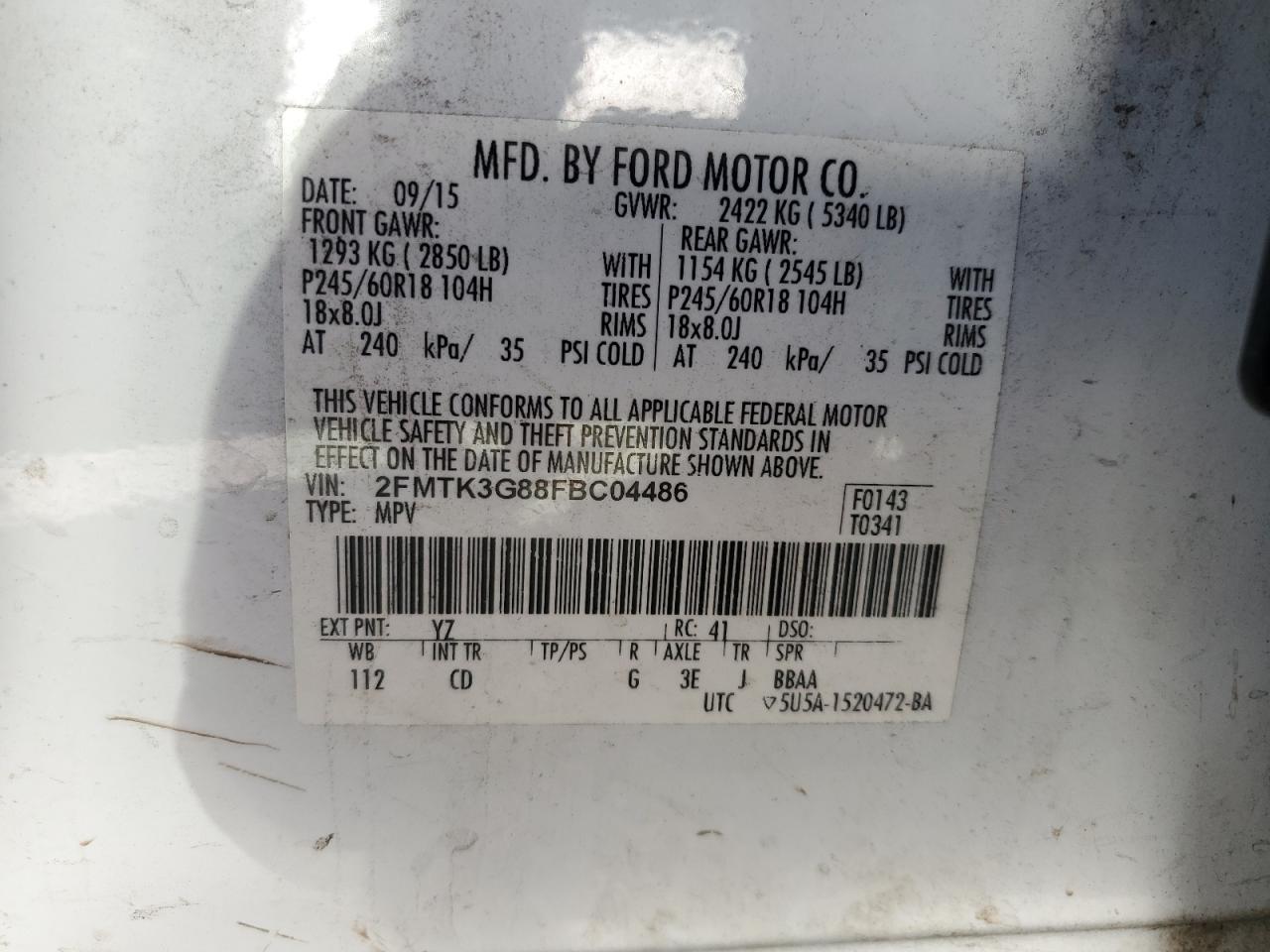 2015 Ford Edge VIN 2FMTK3G88FBC04486 Copart auction photo, front end / water/flood damage thumbnail 16