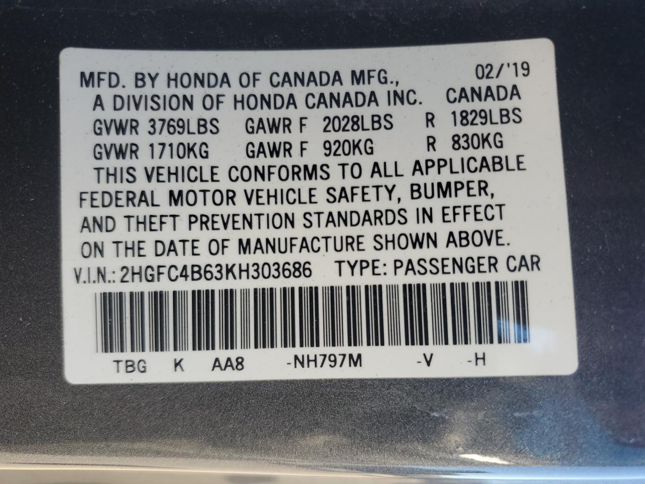 2019 Honda Civic VIN 2HGFC4B63KH303686 Copart auction photo, front end damage thumbnail 14