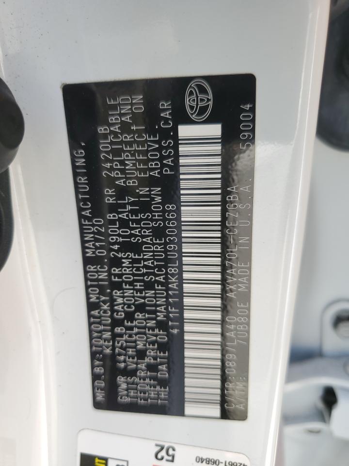 2020 Toyota Camry VIN 4T1F11AK8LU930668 Copart auction photo, rear end / minor dent/scratches damage thumbnail 12