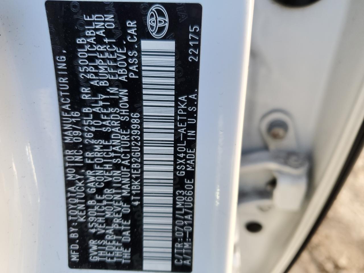 2016 Toyota Avalon VIN 4T1BK1EB2GU239986 Copart auction photo, front end damage thumbnail 13