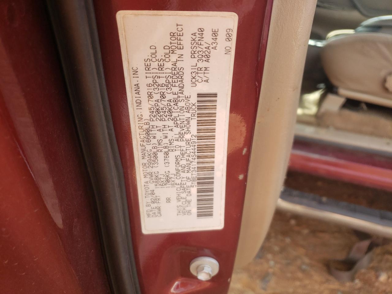 2004 Toyota Tundra VIN 5TBET34174S444912 Copart auction photo, all over damage thumbnail 14