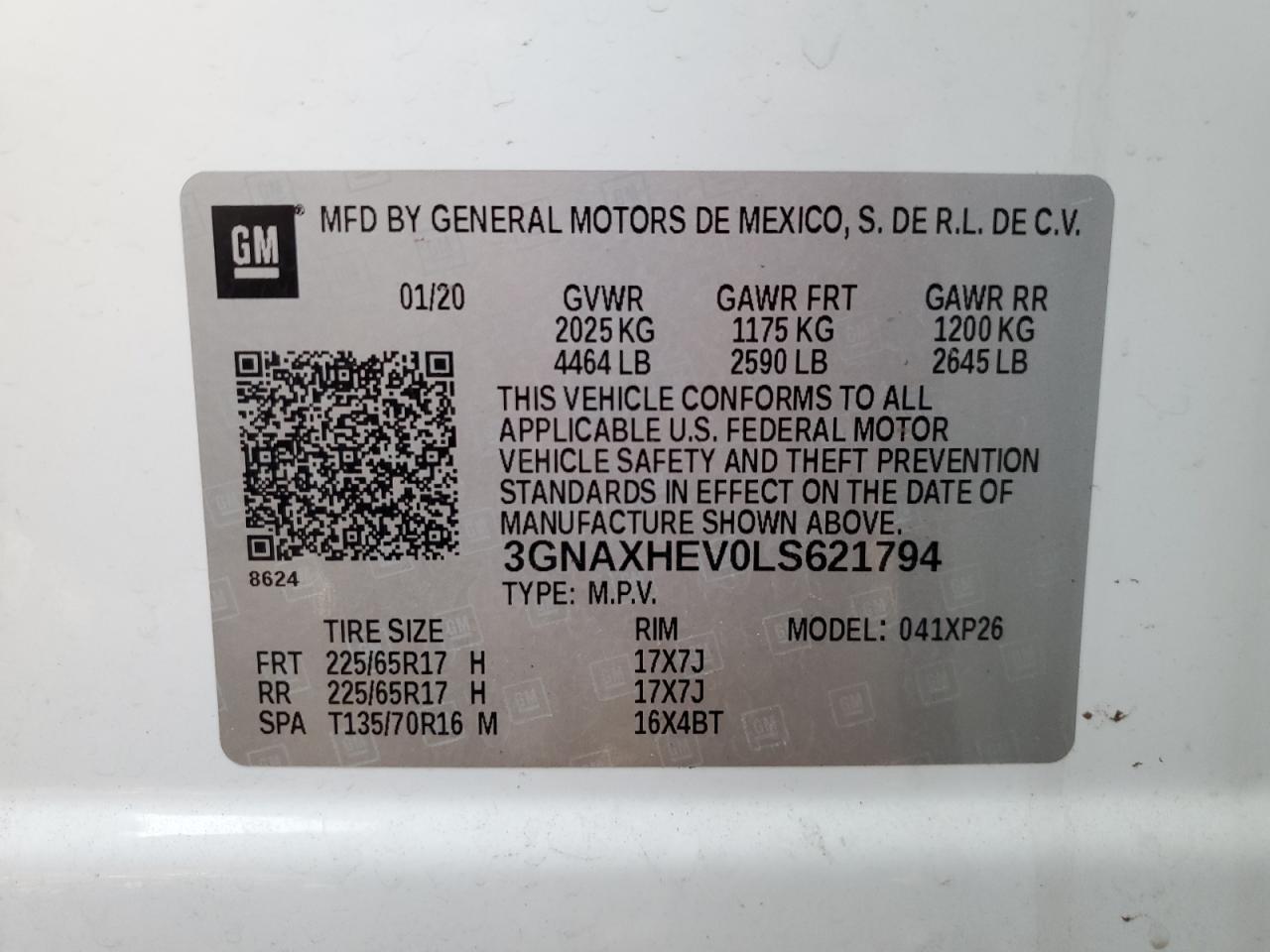 2020 Chevrolet Equinox VIN 3GNAXHEV0LS621794 Copart auction photo, front end / minor dent/scratches damage thumbnail 15