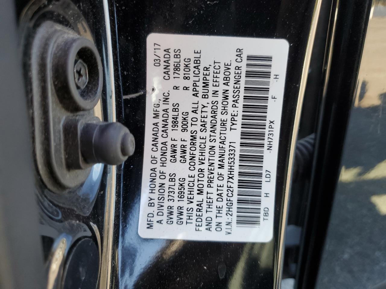 2017 Honda Civic VIN 2HGFC2F7XHH533371 Copart auction photo, front end damage thumbnail 15
