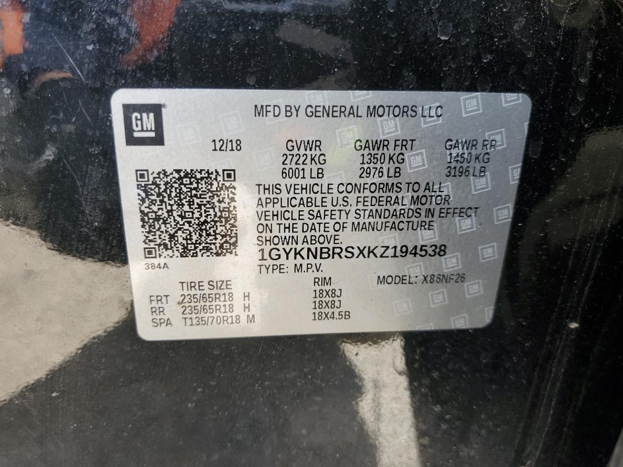 2019 Cadillac XT5 VIN 1GYKNBRSXKZ194538 Copart auction photo, front end / side damage thumbnail 13