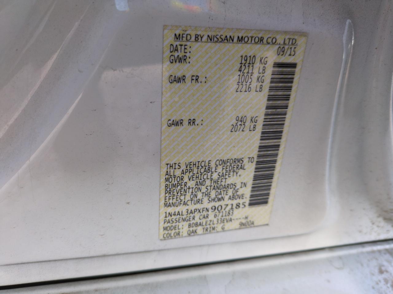2015 Nissan Altima VIN 1N4AL3APXFN907185 Copart auction photo, side damage thumbnail 12