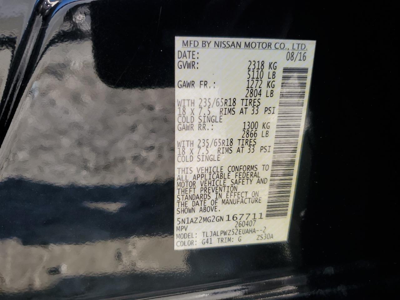 2016 Nissan Murano VIN 5N1AZ2MG2GN167711 Copart auction photo, rear end / side damage thumbnail 13