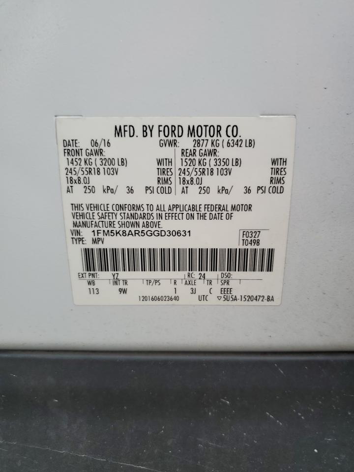 2016 Ford Explorer VIN 1FM5K8AR5GGD30631 Copart auction photo, all over damage thumbnail 13