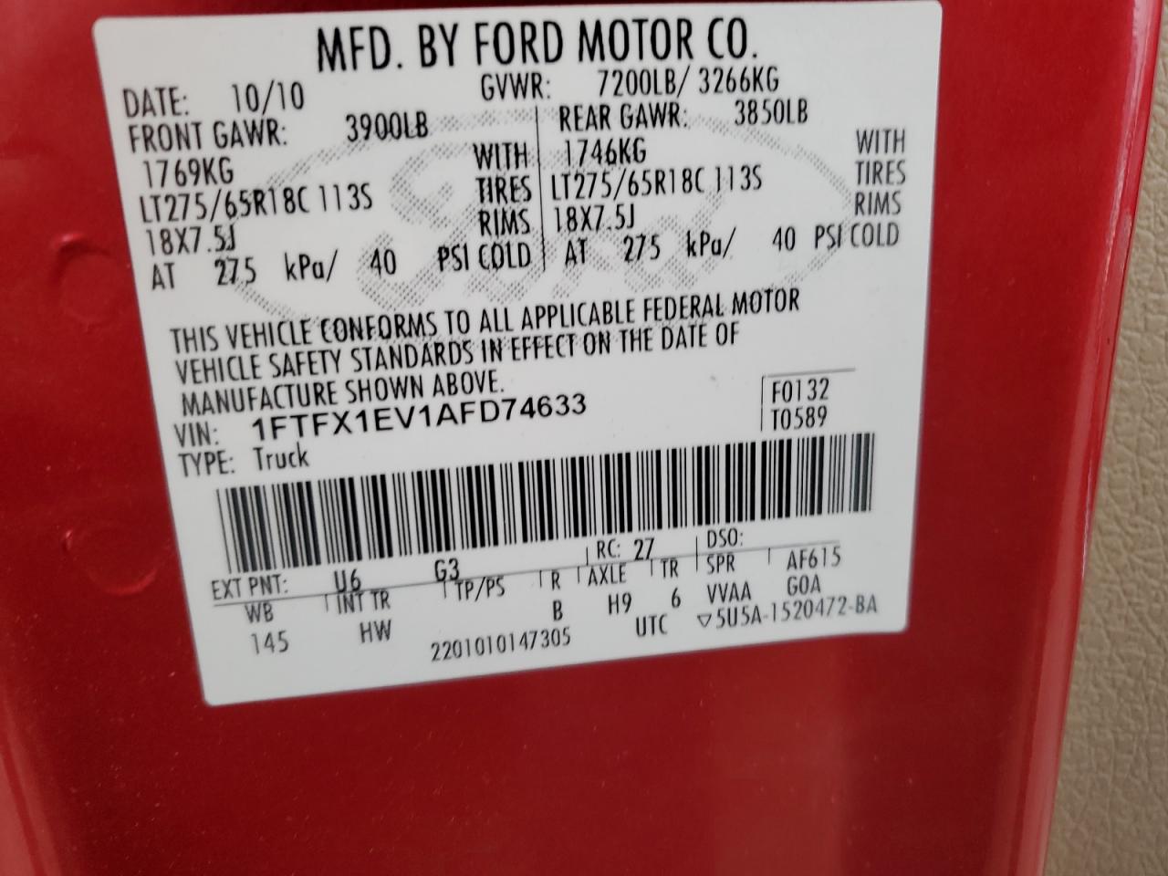 2010 Ford F-150 VIN 1FTFX1EV1AFD74633 Copart auction photo, front end damage thumbnail 14