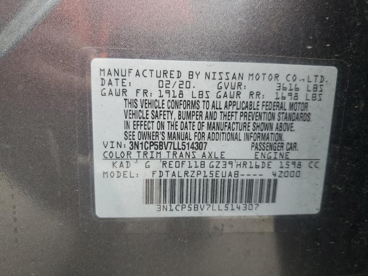 2020 Nissan Kicks VIN 3N1CP5BV7LL514307 Copart auction photo, front end / side damage thumbnail 14