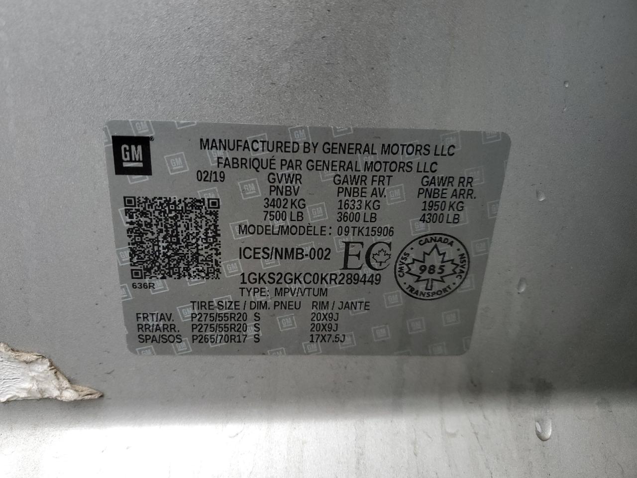 2019 GMC Yukon VIN 1GKS2GKC0KR289449 Copart auction photo, rear end damage thumbnail 12