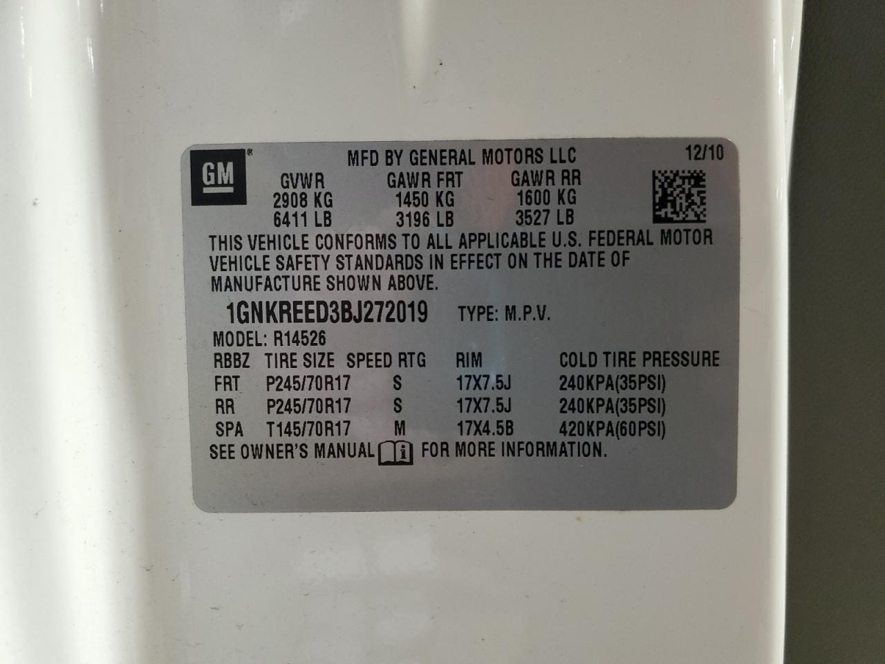 2011 Chevrolet Traverse VIN 1GNKREED3BJ272019 Copart auction photo, front end damage thumbnail 13