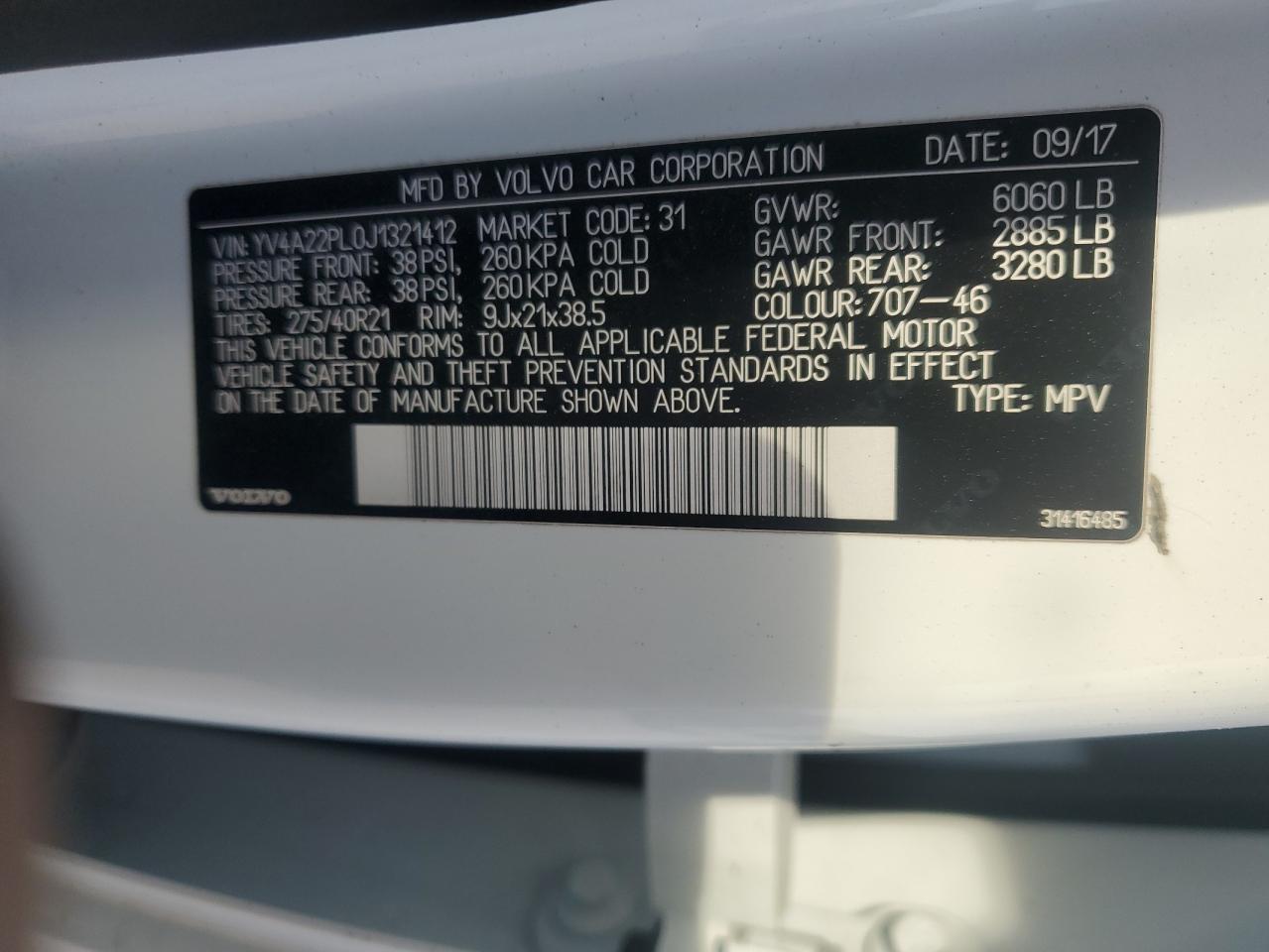 2018 Volvo XC90 VIN YV4A22PL0J1321412 Copart auction photo, side damage thumbnail 15