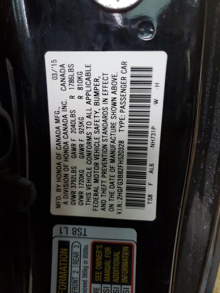 2015 Honda Civic VIN 2HGFG3B82FH520328 Copart auction photo, all over / front end damage thumbnail 12