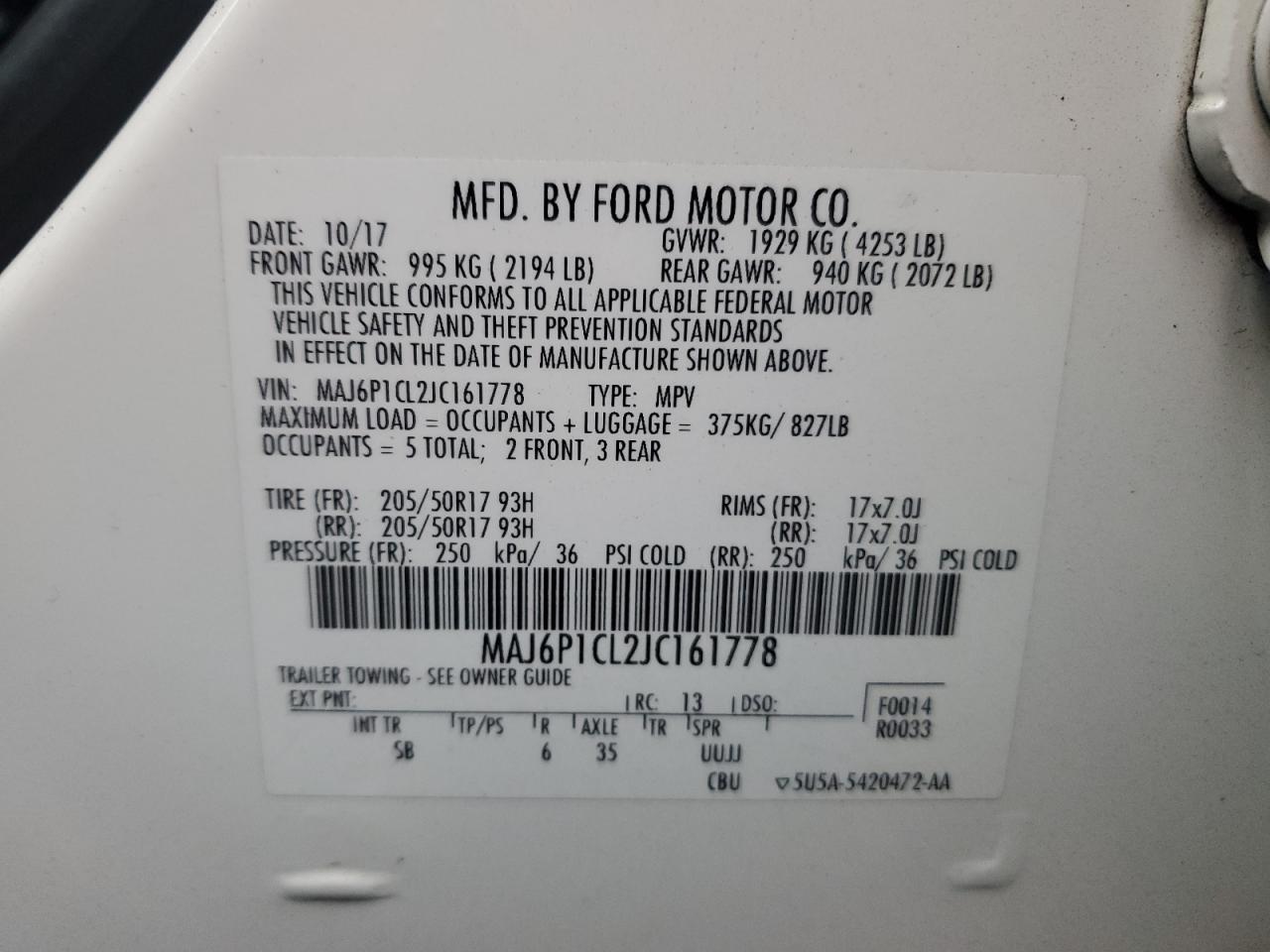 2018 Ford EcoSport VIN MAJ6P1CL2JC161778 Copart auction photo, front end damage thumbnail 13