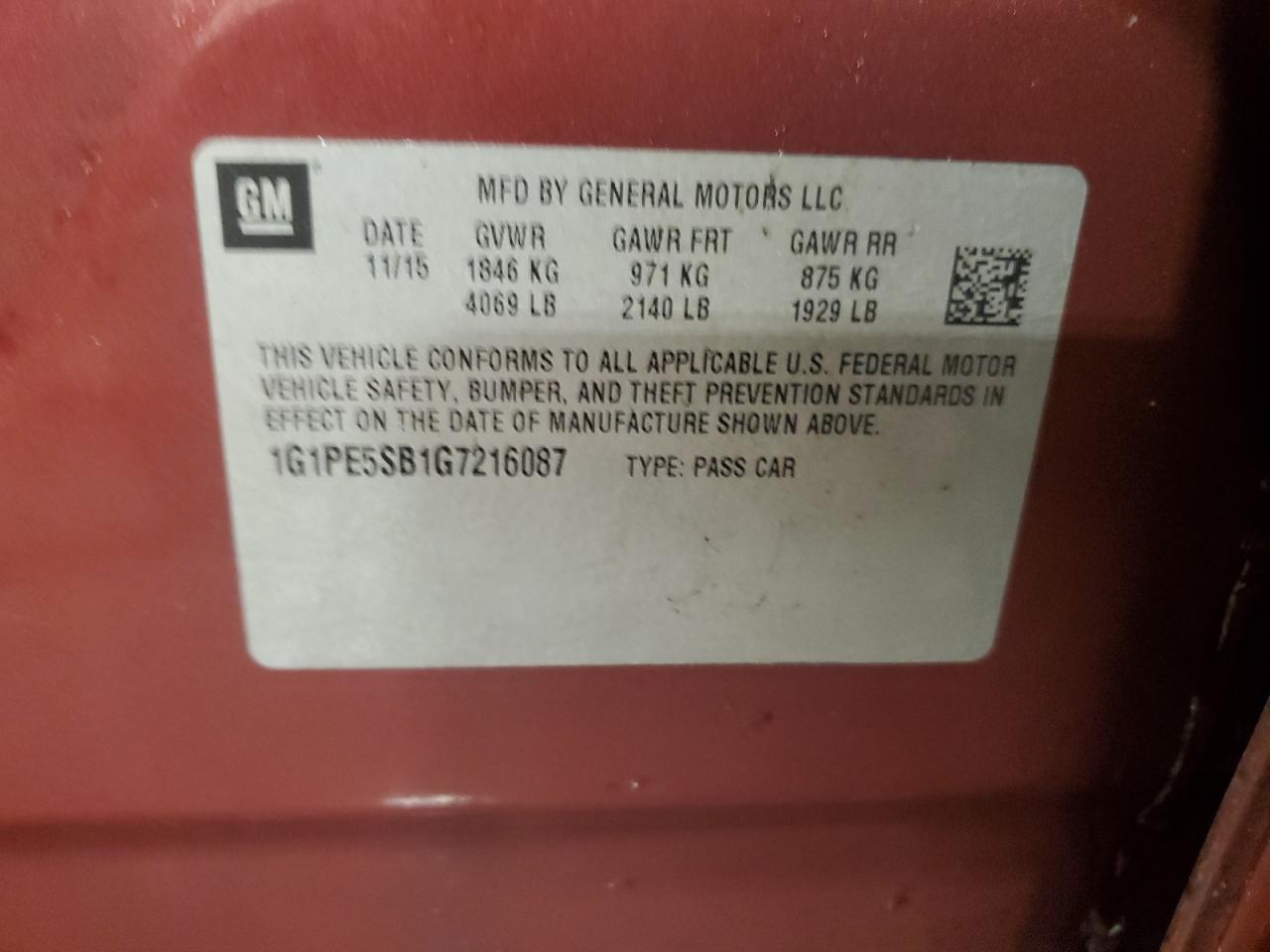 2016 Chevrolet Cruze VIN 1G1PE5SB1G7216087 Copart auction photo, front end damage thumbnail 12