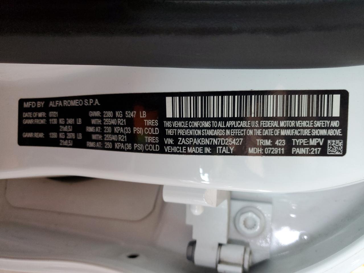 2022 Alfa Romeo Stelvio VIN ZASPAKBN7N7D25427 Copart auction photo, front end damage thumbnail 14