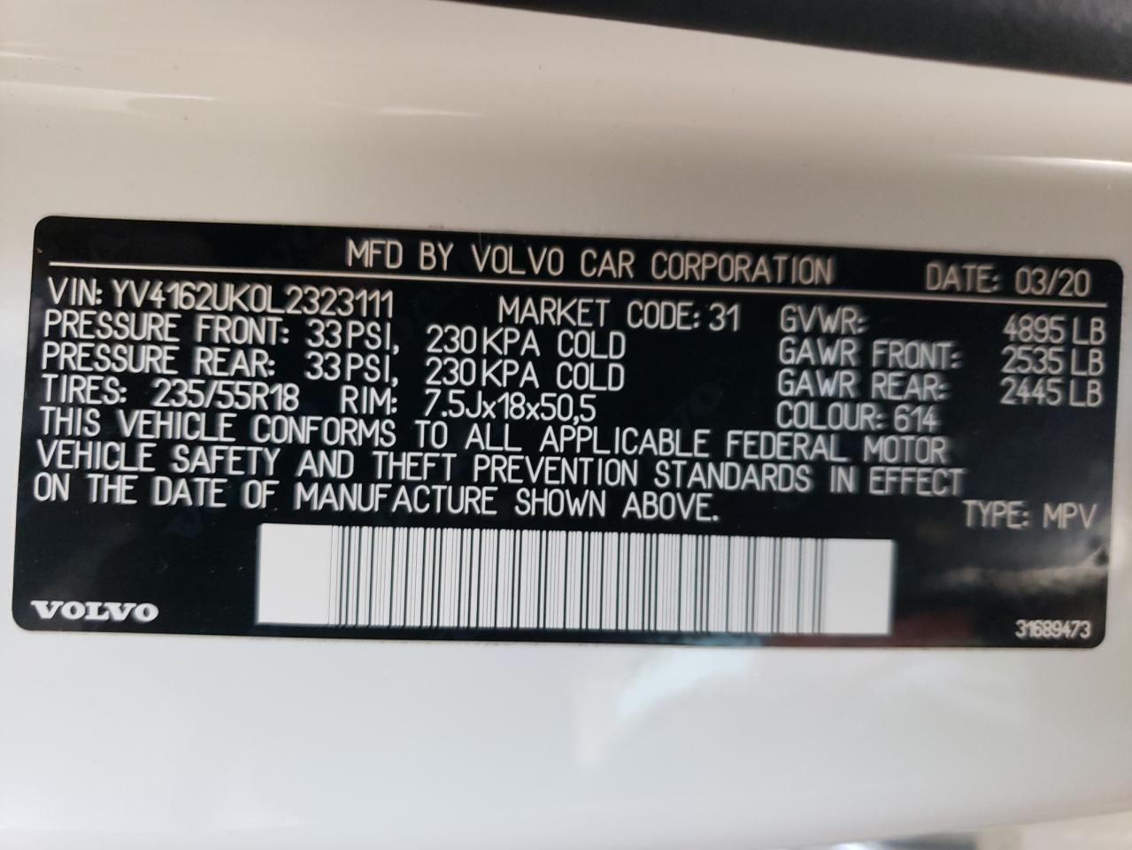 2020 Volvo XC40 VIN YV4162UK0L2323111 Copart auction photo, rear end / minor dent/scratches damage thumbnail 14