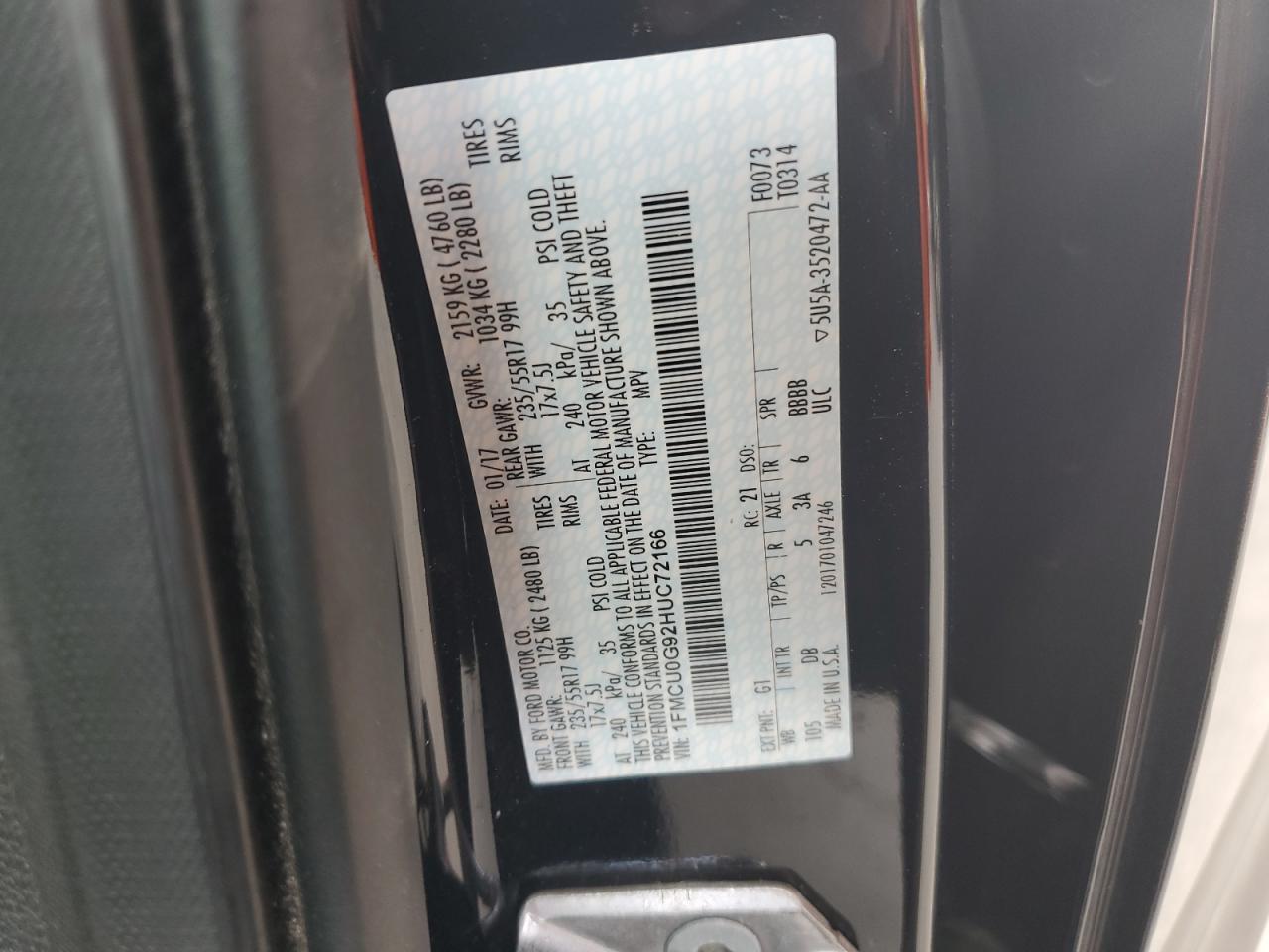 2017 Ford Escape VIN 1FMCU0G92HUC72166 Copart auction photo, rear end damage thumbnail 13