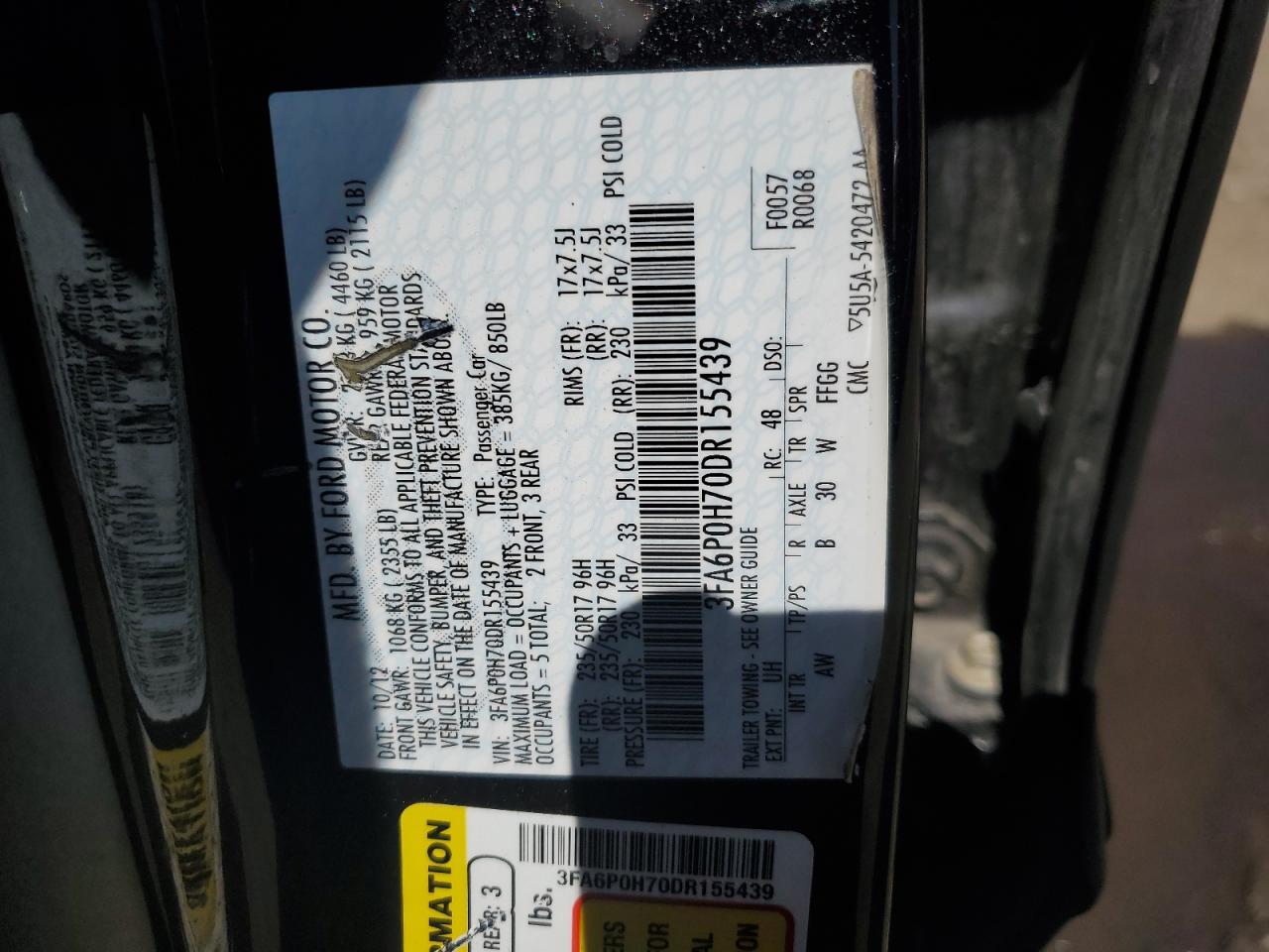 2013 Ford Fusion VIN 3FA6P0H70DR155439 Copart auction photo, front end / side damage thumbnail 12