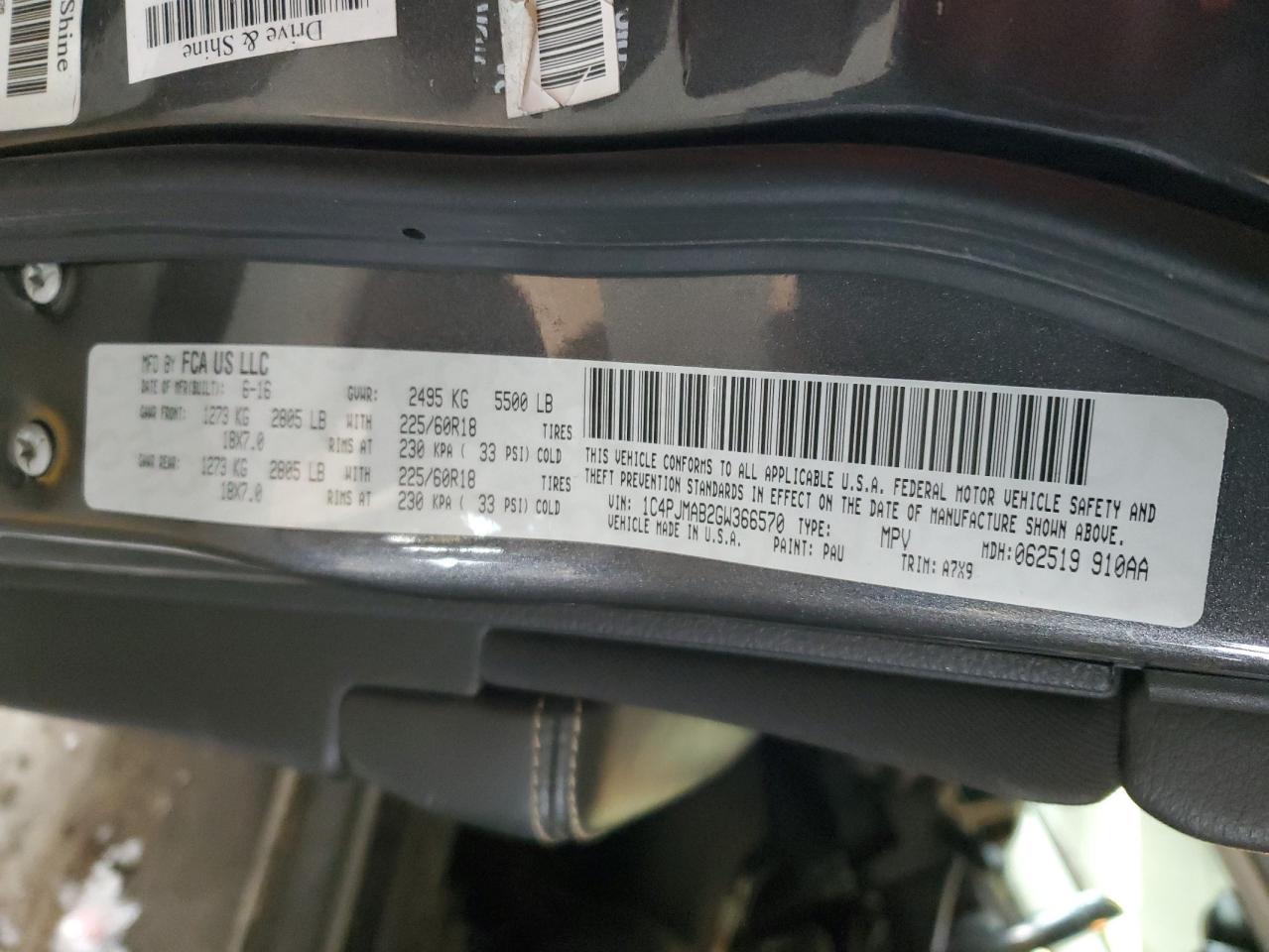 2016 Jeep Grand Cherokee VIN 1C4PJMAB2GW366570 Copart auction photo, side damage thumbnail 13
