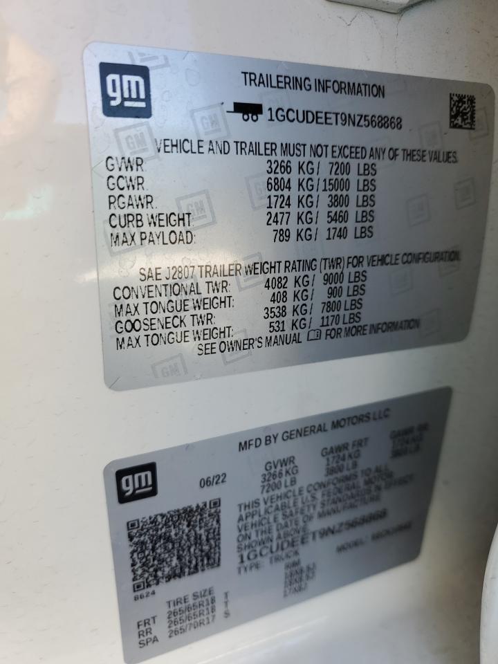 2022 Chevrolet Silverado VIN 1GCUDEET9NZ568868 Copart auction photo, undercarriage / front end damage thumbnail 15