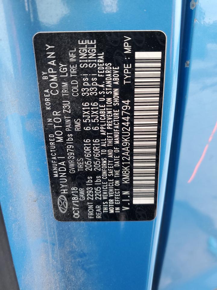 2019 Hyundai Kona VIN KM8K12AA9KU244794 Copart auction photo, all over damage thumbnail 12