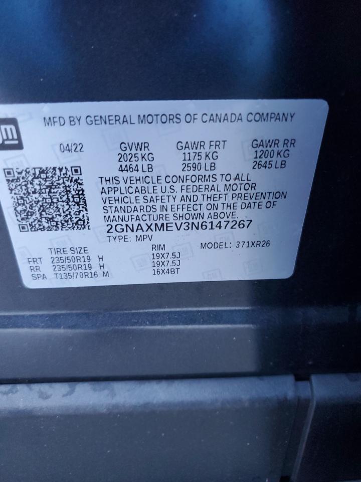 2022 Chevrolet Equinox VIN 2GNAXMEV3N6147267 Copart auction photo, front end damage thumbnail 13