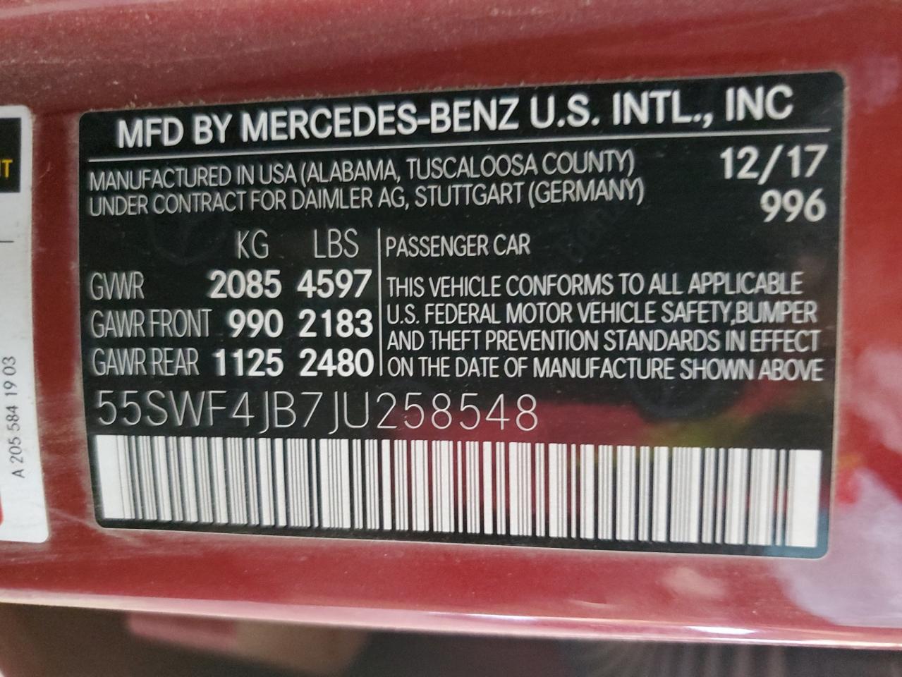 2018 Mercedes-Benz C-klasse VIN 55SWF4JB7JU258548 Copart auction photo, all over damage thumbnail 13