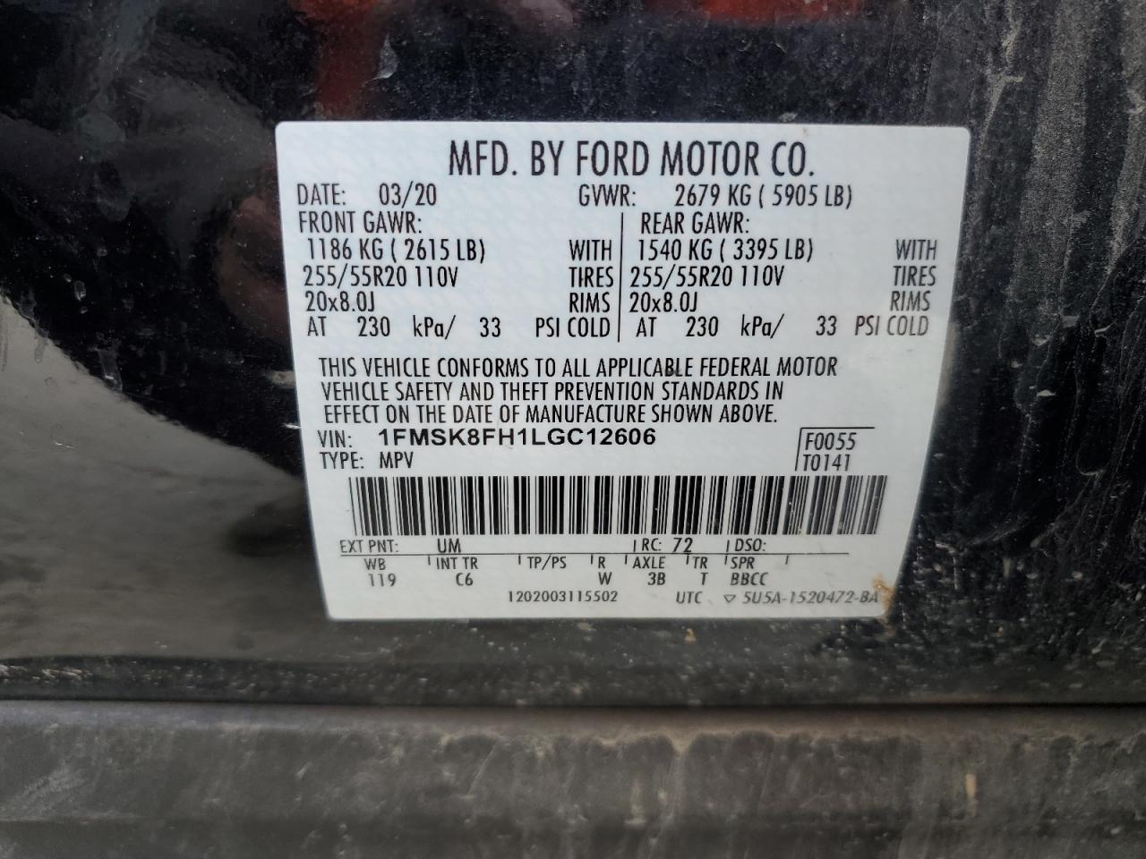 2020 Ford Explorer VIN 1FMSK8FH1LGC12606 Copart auction photo, front end / side damage thumbnail 15