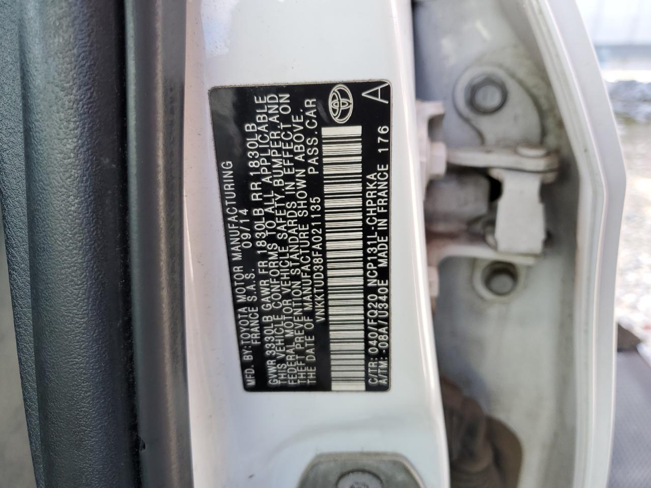 2015 Toyota Yaris VIN VNKKTUD38FA021135 Copart auction photo, front end damage thumbnail 14