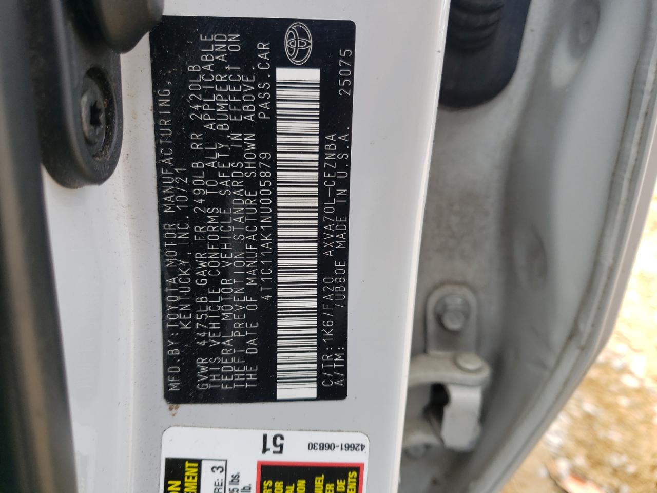 2022 Toyota Camry VIN 4T1C11AK1NU005879 Copart auction photo, front end damage thumbnail 12