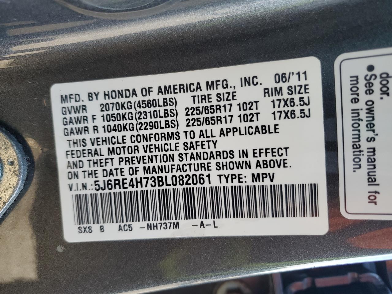 2011 Honda CR-V VIN 5J6RE4H73BL082061 Copart auction photo, front end damage thumbnail 13
