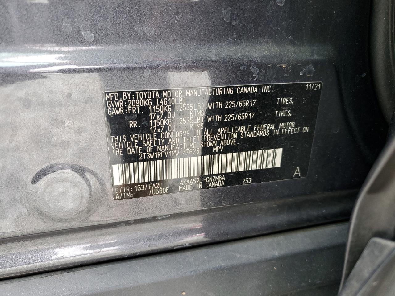 2021 Toyota RAV 4 VIN 2T3W1RFV1MW177625 Copart auction photo, all over damage thumbnail 15