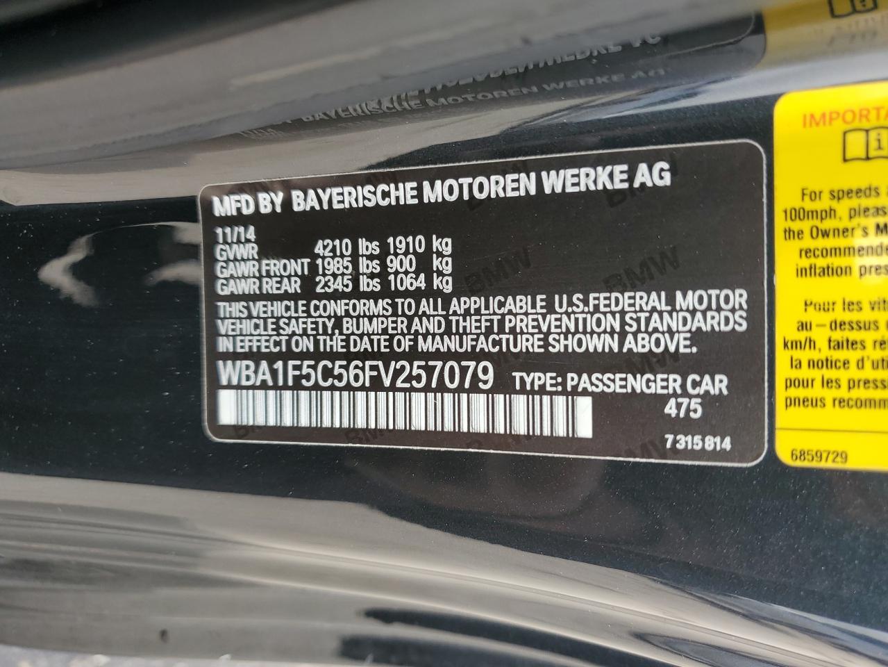2015 BMW 2er VIN WBA1F5C56FV257079 Copart auction photo, front end damage thumbnail 12