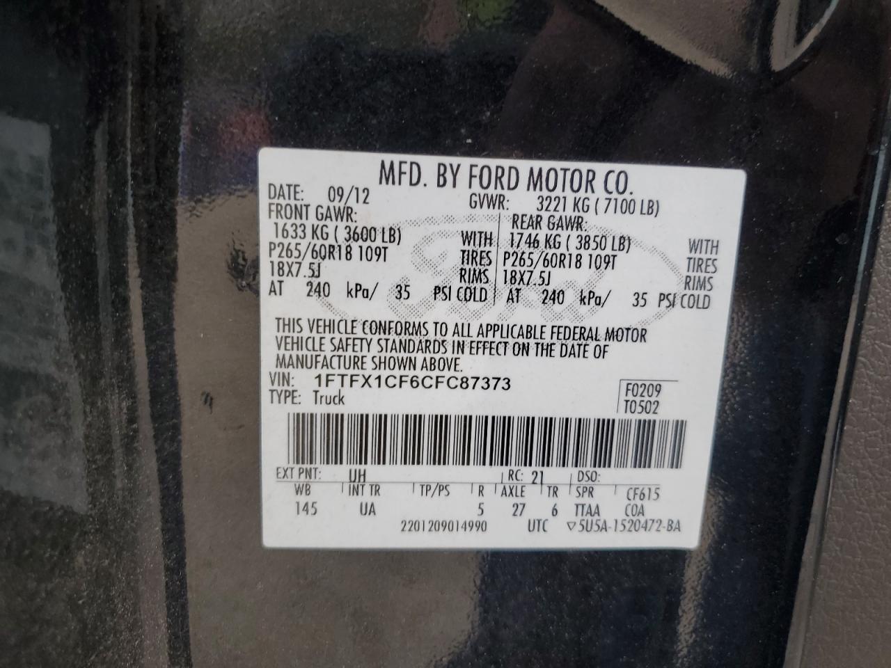 2012 Ford F-150 VIN 1FTFX1CF6CFC87373 Copart auction photo, minor dent/scratches damage thumbnail 12