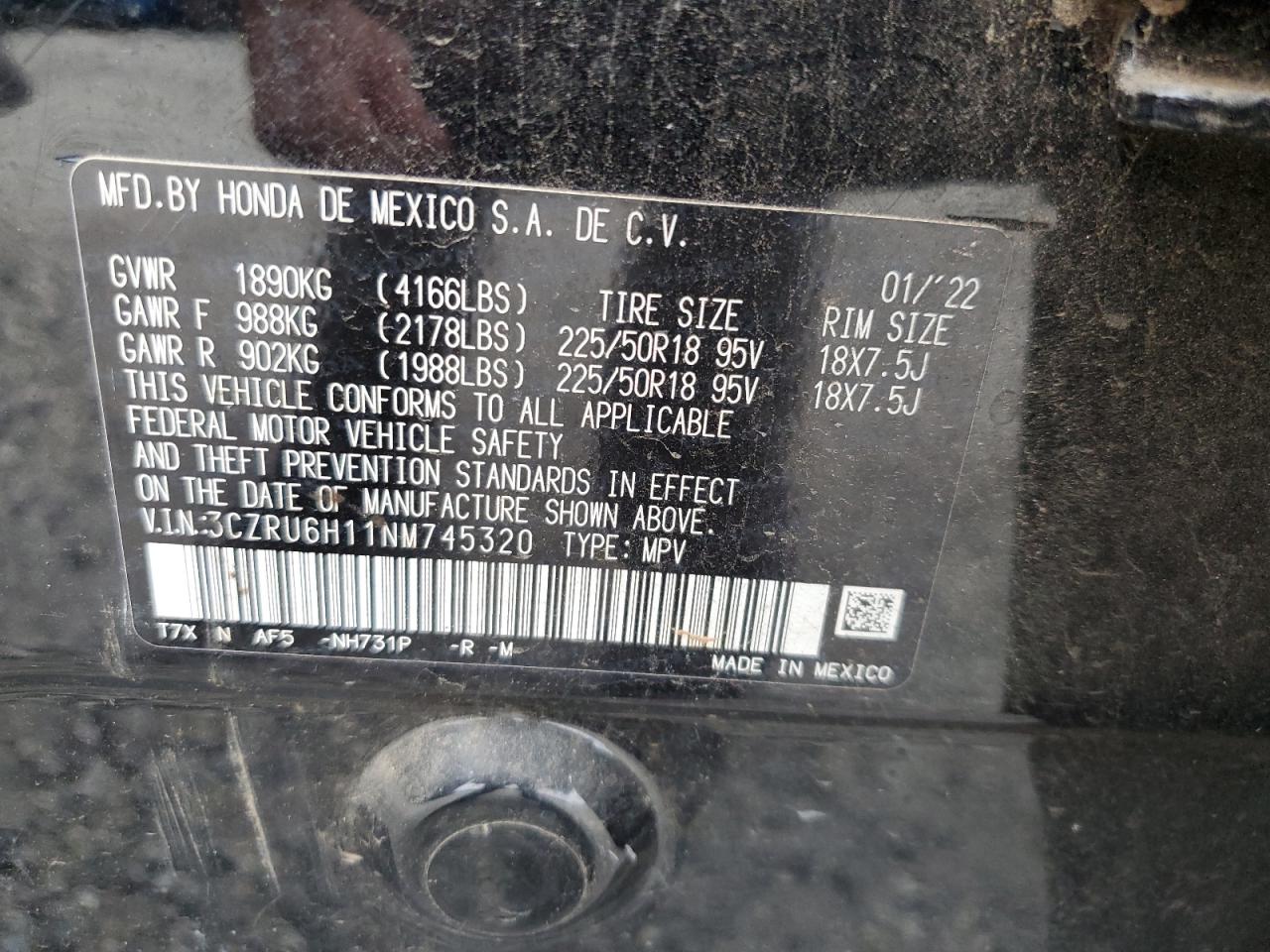 2022 Honda HR-V VIN 3CZRU6H11NM745320 Copart auction photo, front end / undercarriage damage thumbnail 15