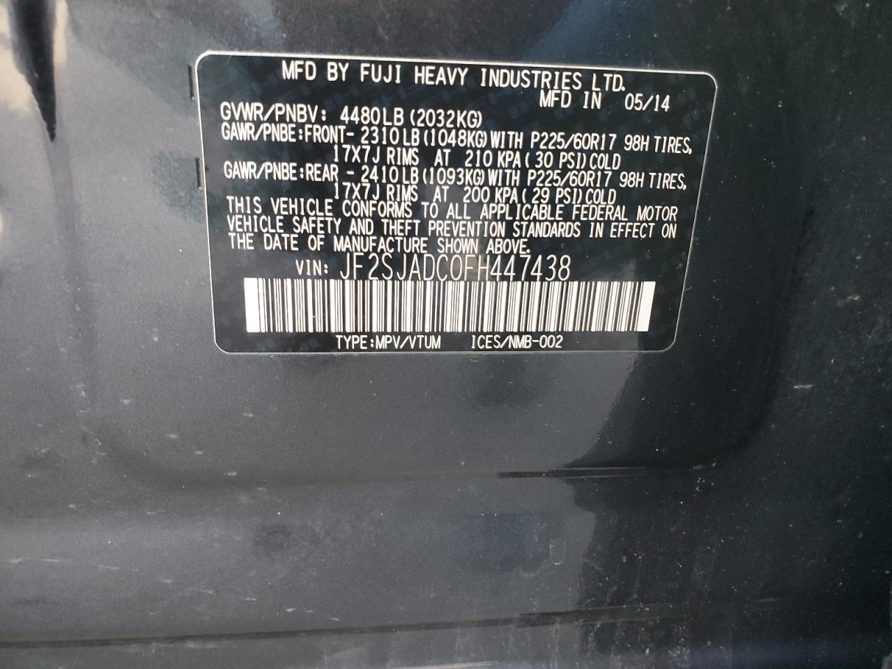2015 Subaru Forester VIN JF2SJADC0FH447438 Copart auction photo, side damage thumbnail 13